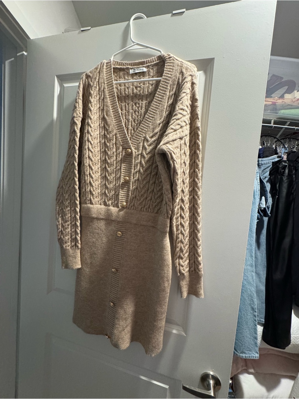 Cupshe Beige Cable-Knit Button-Front Sweater Dress